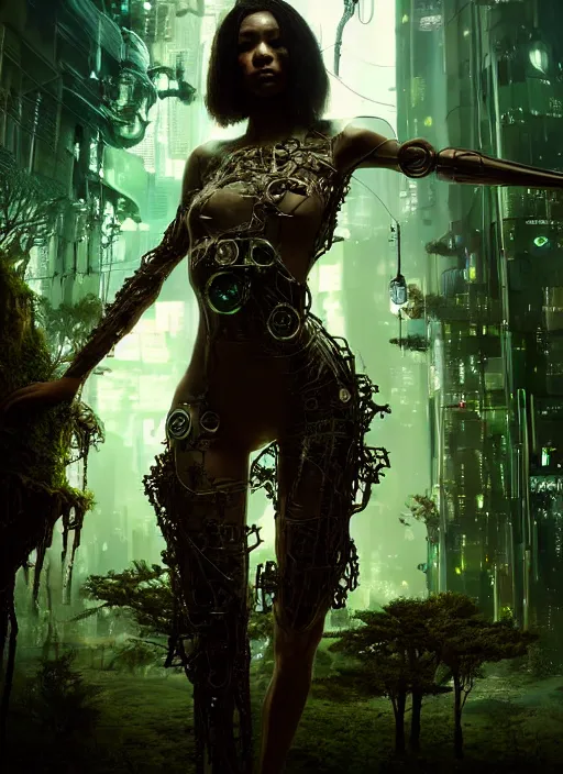 Image similar to intricate Kierra Knightley, growing off a tree, on the background of a weird magical mechanical forest. Very detailed 8k. Fantasy cyberpunk horror. Sharp. Cinematic post-processing