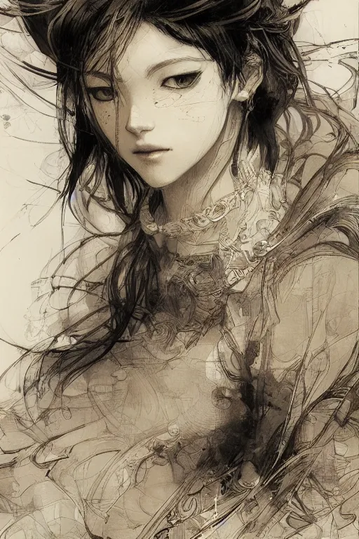 Image similar to portrait of anime woman, pen and ink, intricate line drawings, by craig mullins, ruan jia, kentaro miura, greg rutkowski