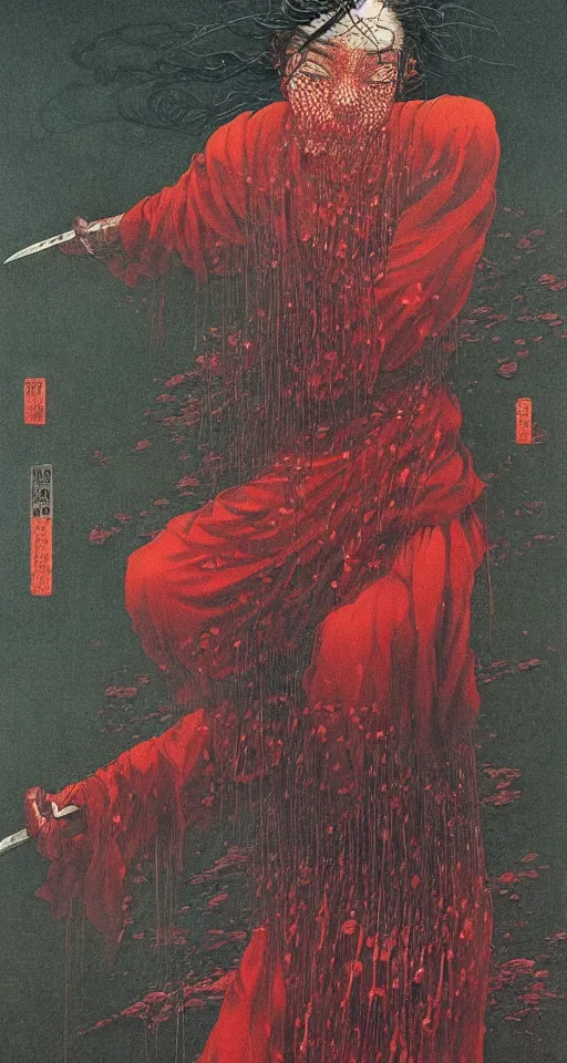 Prompt: Japanese schoolgirl runs away from Samurai with a katana on the subway, high detailed Beksinski painting, part by Adrian Ghenie and Gerhard Richter. art by Takato Yamamoto. masterpiece, deep colours, red