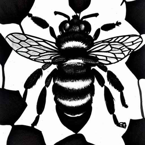 Image similar to bee, black and white, botanical illustration, black ink on white paper, bold lines