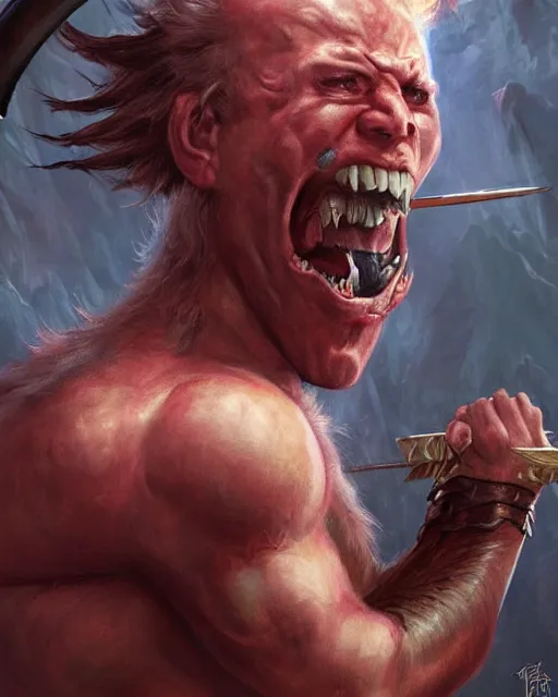 Image similar to a portrait of strong and proud young barbarian, screaming, ready to fight, by Ross Tran and Thomas Cole and Wayne Barlowe