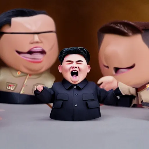 Prompt: kim jong un doll screaming with bts boy band dolls octane render