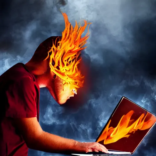 Prompt: a man holding a laptop screaming in rage as flames emerges from his hair, stock photo, realistic, hdr, clear image, hdd, dynamic lighting, rtx on,