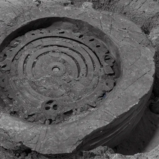 Prompt: A thick giant stone cog being discovered by archeologists, detailed