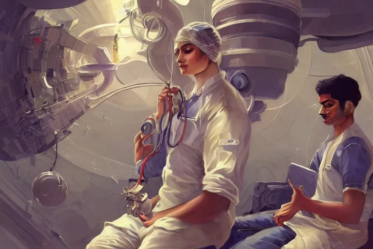 Image similar to Exhausted good looking pale young Indian doctors wearing jeans in a space station above Earth performing surgery, portrait, elegant, intricate, retrofuturistic digital painting, artstation, concept art, smooth, sharp focus, illustration, art by artgerm and greg rutkowski and alphonse mucha