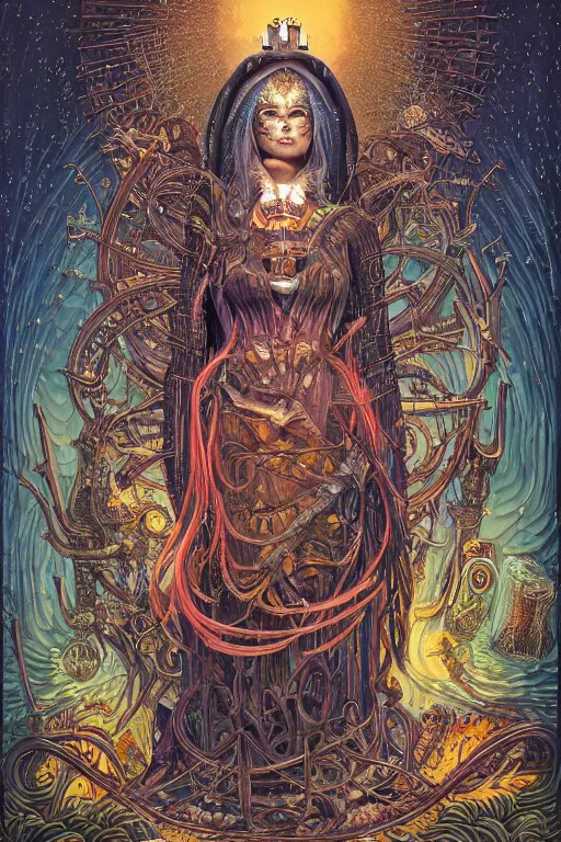 Image similar to tarot card of the queen of dreams by carol bak, jacek yerka, dan mumford, alex gray, victo ngai and h.r. giger, oil on canvas, 8k highly professionally detailed, HDR, trending on artstation