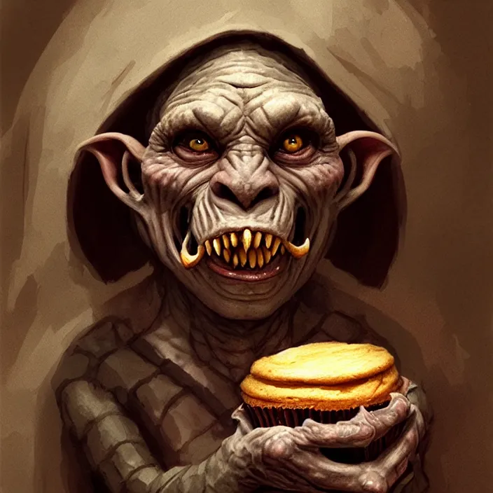 Image similar to profile face portrait of a medieval goblin eating cakes in the cloisters, beautiful face, hyper realistic, highly detailed, digital painting, artstation, illustration, concept art by hyung tae and frank frazetta, digital paint, matte paint, washed colors, dark, gloomy