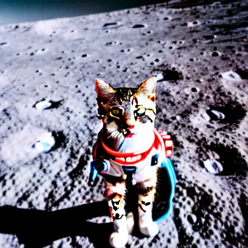 Image similar to cat wearing astronaut suit on the moon planet earth in the background sigma 1 4 mm f / 1. 8 astroied belt