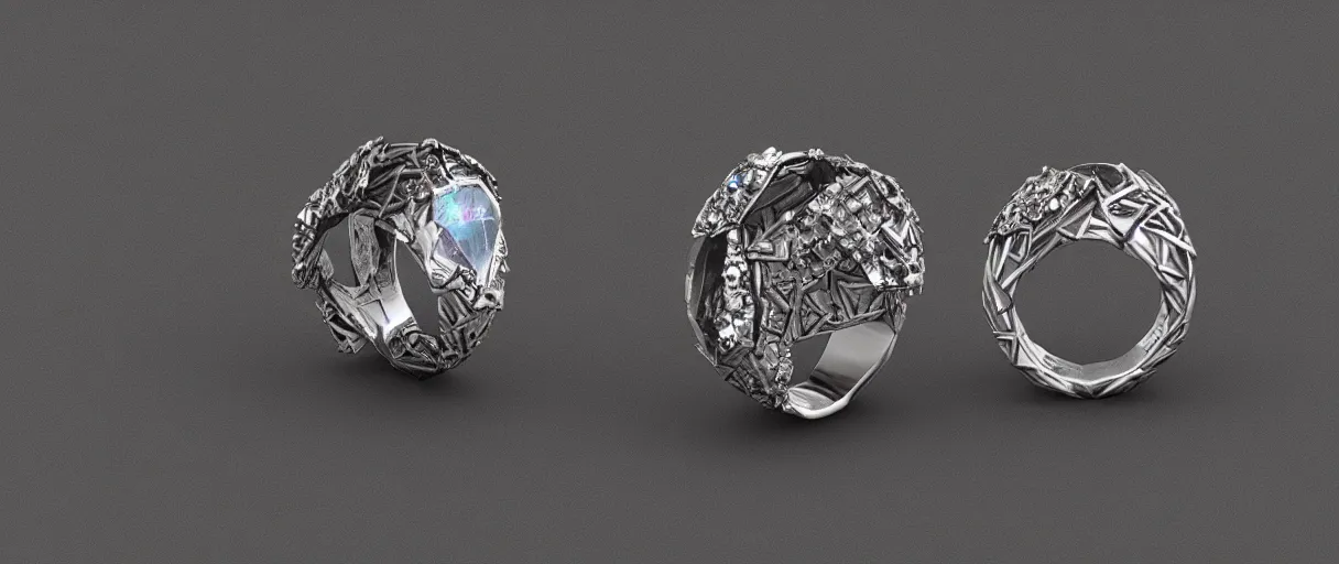 Image similar to magic crystal ring, fire, stone, crystal, engravings, diamonds, art by gerald brom, greg rutkowski, photo realism, unreal engine, c 4 d