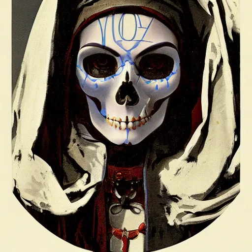 Prompt: painting of the virgin mary skull face by greg rutkowski and andy warhol and jc leyendecker