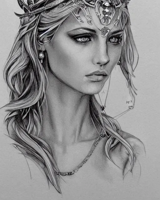 Image similar to tattoo design sketch of hot blonde super model as aphrodite greek goddess wearing a gold laurel wreath and triangle earrings, beautiful piercing gaze with sharp pupils, in the style of greg rutkowski, fantasy, amazing detail, epic, elegant, smooth, sharp focus, front view