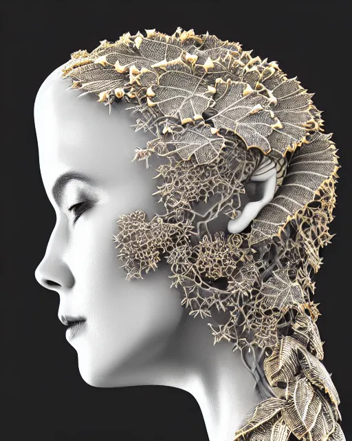 Prompt: close - up profile face, black background, 3 d render of a beautiful porcelain vegetal dragon cyborg young female, 1 5 0 mm, beautiful natural soft rim light, silver gold details, magnolia leaves and stems, roots, fine lace, mandelbot fractal, elegant, ultra detailed, white metallic armour, octane render, black and white, h. r. giger style