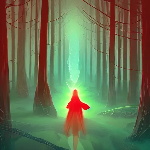 Image similar to a woman with [ red energy emanating from her hand ]!, stands in the middle of a pathway in a timid forest, trending on cgsociety, digital art, illustrated by max hay and anton fadeev, bioluminescent atmosphere, back view, intricate