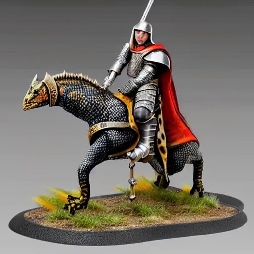 Image similar to A medieval knight riding on a giant two legged leopard gecko, highly detailed, painted wargaming miniature