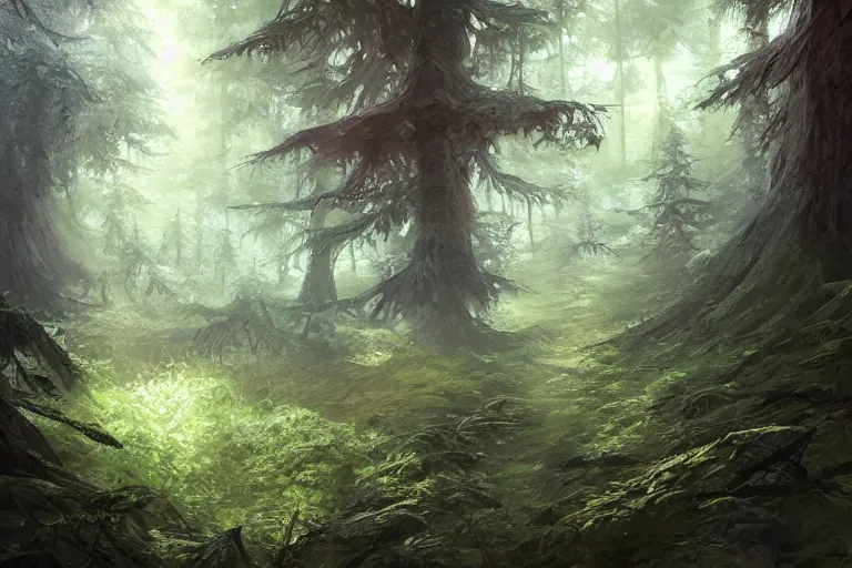 Image similar to evergreen trees in the forest, 4 k digital illustration by artgerm, wlop, andrei riabovitchev, marc simonetti, yoshitaka amano, artstation, 8 k resolution, soft focus