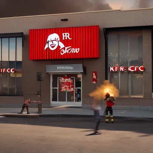 Image similar to ronald macdonald fire bombing a kfc restaurant, hyper real, 8 k, octane render, vivid, bright, photo realistic, city street