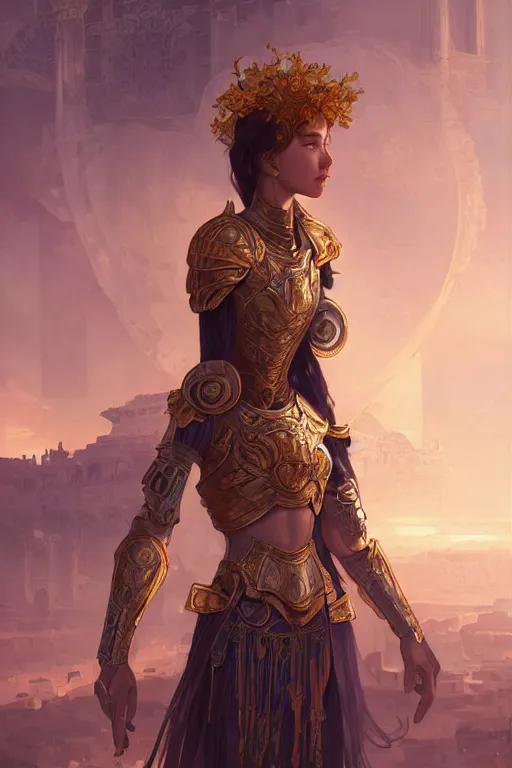 Image similar to portrait young knights of Zodiac girl, rose golden and mirror armor, in ruined Agora of Athens Sunrise, ssci-fi and fantasy, intricate and very beautiful and elegant, highly detailed, digital painting, artstation, concept art, smooth and sharp focus, illustration, art by tian zi and WLOP and alphonse mucha