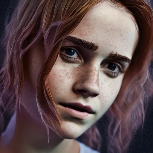 Image similar to textured film grain freckled face emma watson as a fortnite character cgsociety octane render unreal engine redshift render trending on artstation trending on artstation render blender behance cg superhero