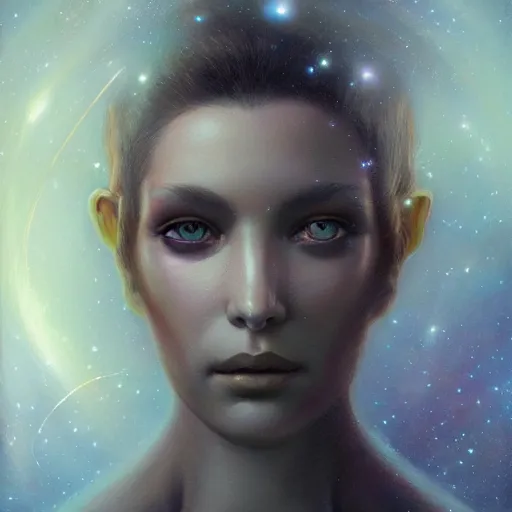 Image similar to a beautiful portrait of a galaxy goddess by Jim Burns and Tom Bagshaw, Trending on Artstation, nebula background