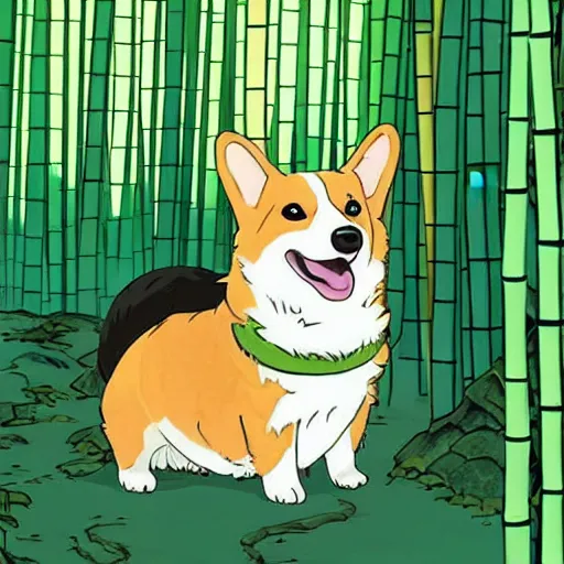 Prompt: happy corgi in a bamboo forest, cute, fantasy, anime in the style of hayao miyazaki, spirited away