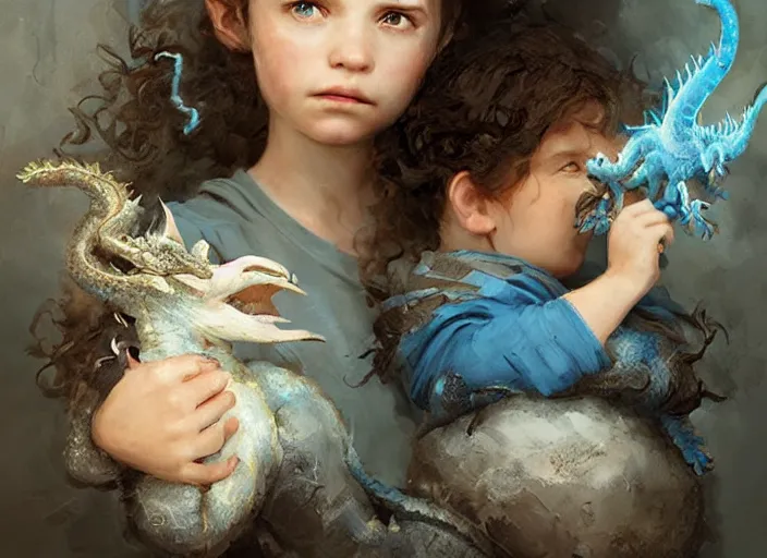 Image similar to a cute little girl with curly brown hair and blue eyes holding a blue baby dragon, beautiful fantasy art by greg rutkowski.