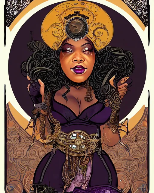 Image similar to a detailed portrait illustration of a steampunk sorceress - laywer. beautiful obese black female face. art nouveau, pop art, comic book style. influenced by neil gaiman, h. p. lovecraft, dan mumford, brian froud, kehinde wiley, killian eng, ross tran.
