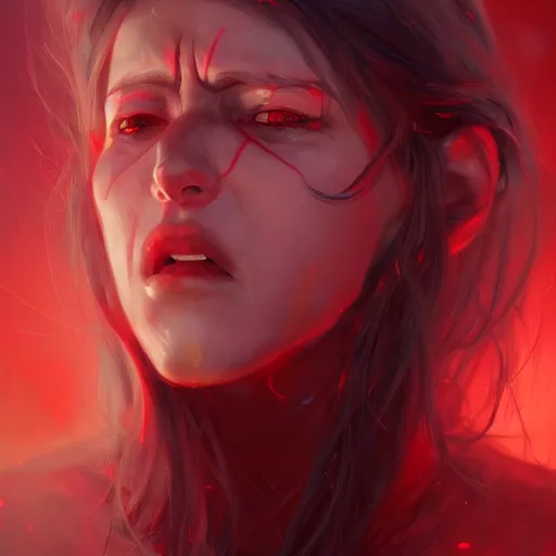 Image similar to women with red glowing eyes screaming in pain , digital art by Mandy Jurgens and Irina French and Heraldo Ortega , hyperdetailed, artstation, cgsociety