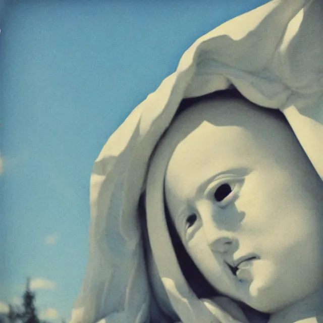 Prompt: closeup of crying white mother mary statue pictured slightly from below, clear sky with blue clouds in background, vintage polaroid