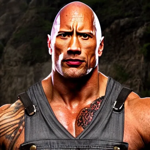 Image similar to dwayne the rock johnson, but he is a dungeons and dragons tiefling. he has overalls and grey skin.