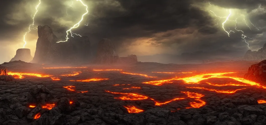 Image similar to dramatic view of empty rocky wasteland, ancient foundry, giant glowing towers of fire, lava held back by dam, glowing ominous clouds, lightning, unreal engine, dramatic lighting, detailed, ambient occlusion, global illumination, god rays, 3 d artstation render by greg rutowski and jessica rossier