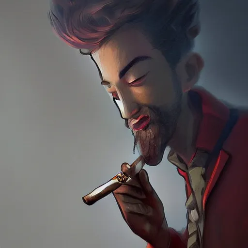 Image similar to prate lighting his cigar with black dragon instead of lighter, digital art, trending on artstation