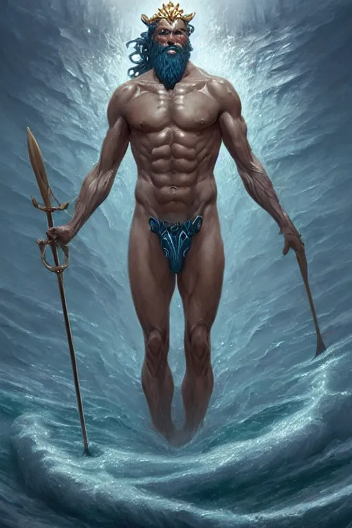 Image similar to poseidon humanoid god of the sea, trident, highly detailed, d & d, fantasy, highly detailed, digital painting, trending on artstation, concept art, sharp focus, illustration, art by artgerm and greg rutkowski and magali villeneuve