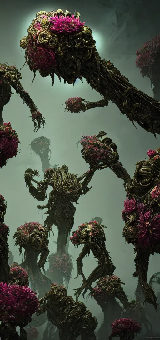 Image similar to mythical ancient life, visceral exoskeletal formations surrounding of aliens flowers and plants, concept art, dramatic contrast photorealistic lighting, surreal, hyper detailed, cycles 3 d render, 8 k