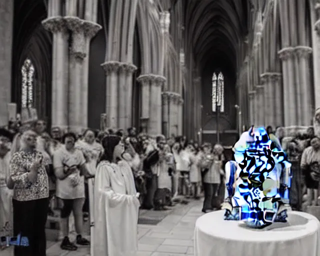 Prompt: R2D2, getting baptised. In a large cathedral, In front of family and friends. Wide Angle Lens. Maximum detail.