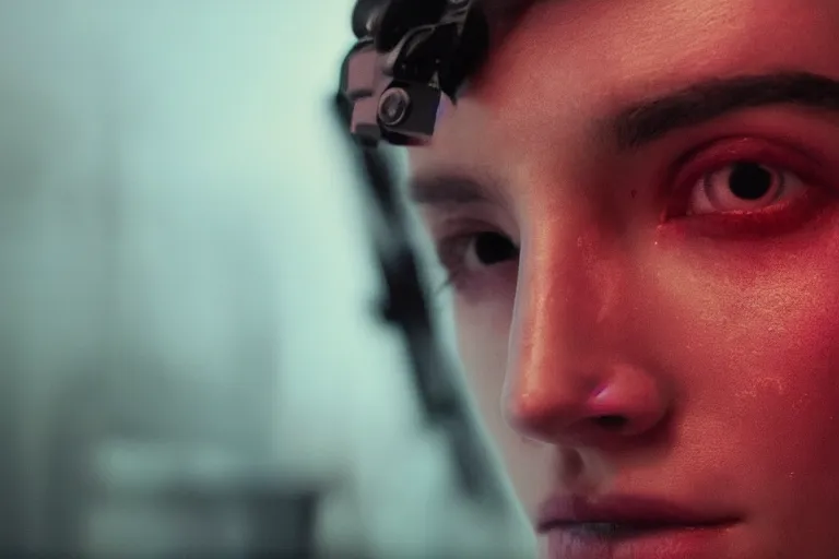 Image similar to VFX movie of a cyborg hacker closeup portrait in high tech compound, beautiful natural skin neon lighting by Emmanuel Lubezki