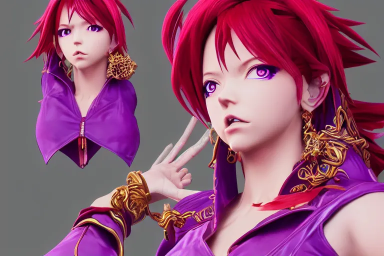 Prompt: character lina inverse from anime slayers ( 1 9 9 5 – 2 0 0 9 ), rendered in cinema 4 d and octane and unreal engine 5, hyperrealism, full body photogenic shot, digital render, cinematic lighting ornate earrings, 8 k resolution, masterpiece work