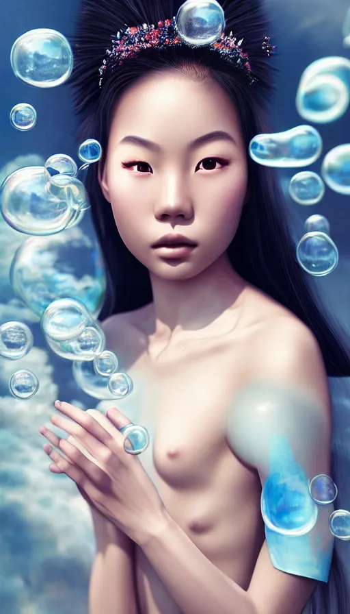 Image similar to photo of a gorgeous young asian girl , searching for eternity, cloud goddess, duality, far away dreams in bubbles in the style of stefan kostic, hyper realistic, sharp focus, 8k high definition, high fashion, vogue, insanely detailed, intricate, elegant, art by stanley lau and artgerm