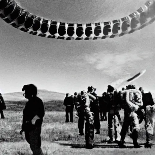 Image similar to Stanley Kubrick filming an alien invasion, jets chasing UFOs