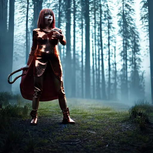 Image similar to highly detailed, ultra realistic, cinematic, woman full body with a copper nose and copper claws, high detail, 8 k, sharp focus, movie still, dramatic lighting, ray tracing, smooth, a female evil demonic character of kazakh mythology, jeztyrnak, standing in the night forrest