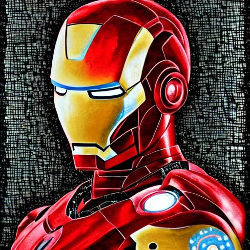 Image similar to mosaic portrait of iron man with robot ears by Saimir Strati, 4k, intricate details, fire in the background