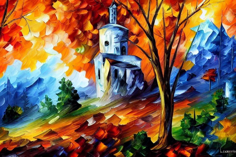 Prompt: the evil overlords tower rises above the gnarled woods in the mountain valley by Leonid Afremov