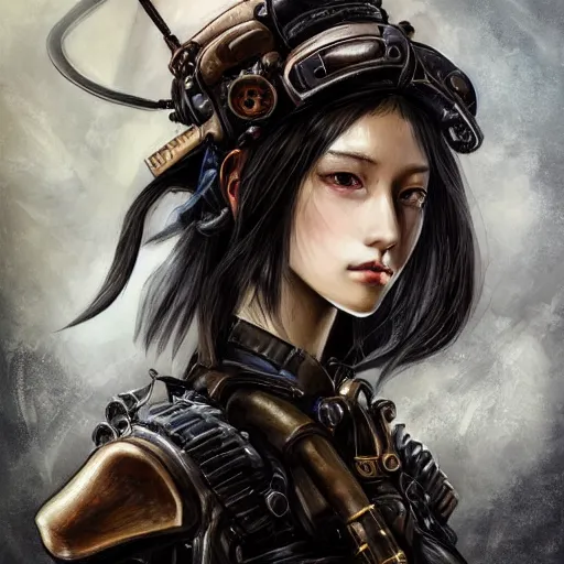 Image similar to portrait of a girl by ayami kojima, mixture between japanese and russian, she is about 2 0 years old, messy black bob hair, very tall and slender, she is wearing a steampunk tactical gear, highly detailed portrait, digital painting, artstation, concept art, smooth, sharp foccus ilustration, artstation hq