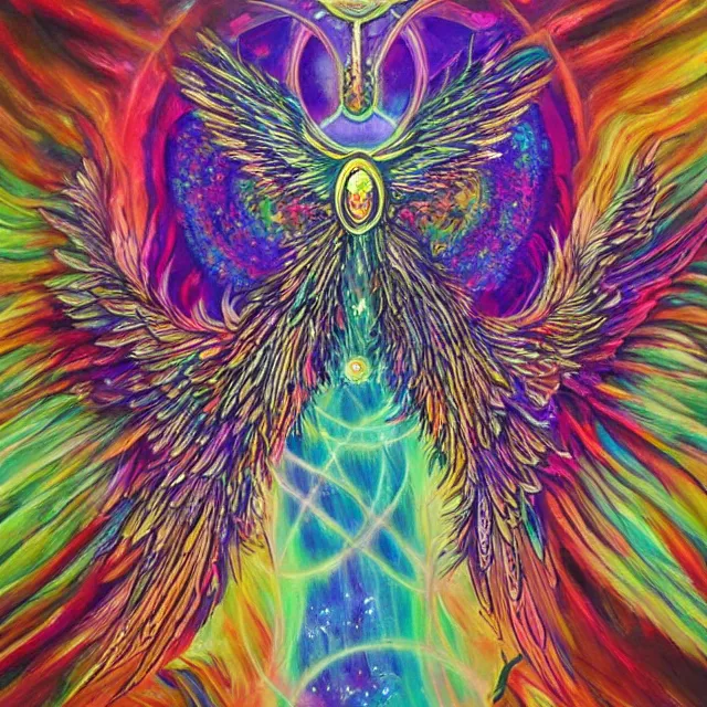 Image similar to angelic ophanim ophanim ophanim Lovecraftian celestial covered in eyes feathers and wings, oil painting award winning, chromatic aberration sharp psychedelic colors, symmetrical geometry sublime angel be not afraid