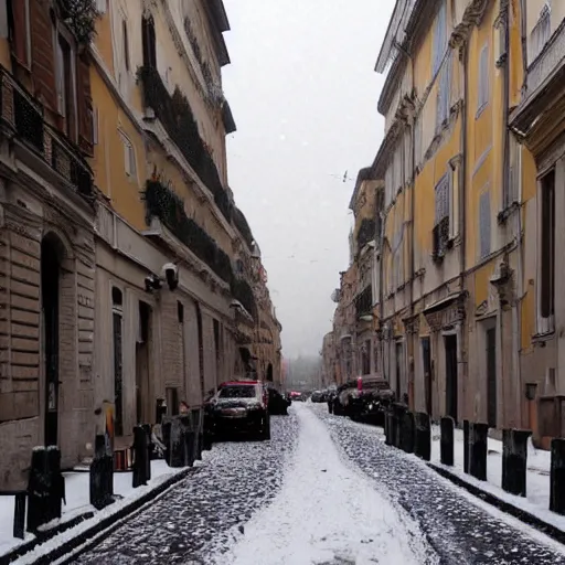 Image similar to The city of Rome under the snow on August. Although it's summer, it's snowing everywhere on the entire cityscape of Rome