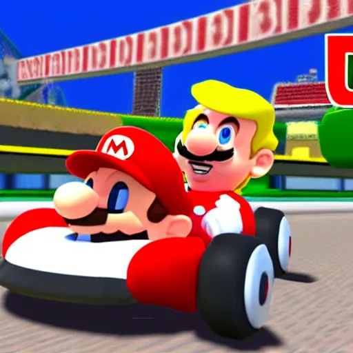 Prompt: Donald Trump is a character in Mario Kart Tour, gameplay screenshot, detalied, high rendering,