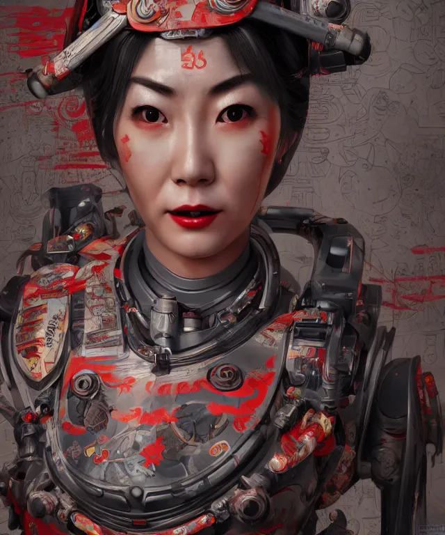 Image similar to an epic fantastic realism comic book style portrait painting of a japanese robotic geisha with kanji tattoos and decals, apex legends, octane render, intricate detail, 4 k hd, unreal engine 5