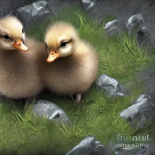 Image similar to two baby ducklings wearing armour going on an adventure, fantasy, detailed digital art