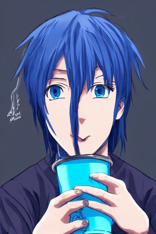 Prompt: portrait of an anime guy with messy blue hair bored while holding a cup of water, wlop, trending on artstation, deviantart, anime key visual, official media, professional art, 8 k uhd