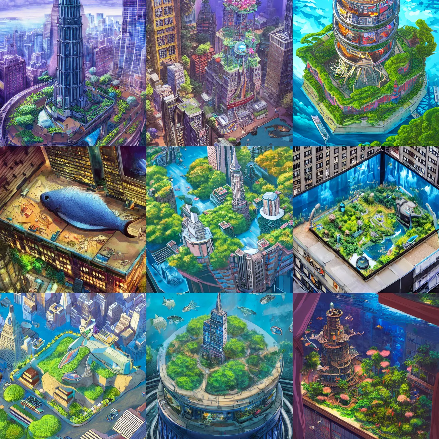 Prompt: aerial view of a giant fish tank shaped like a tower in the middle of new york city, studio ghibli, highly detailed, realistic, dramatic lighting, godray, fantasy style art