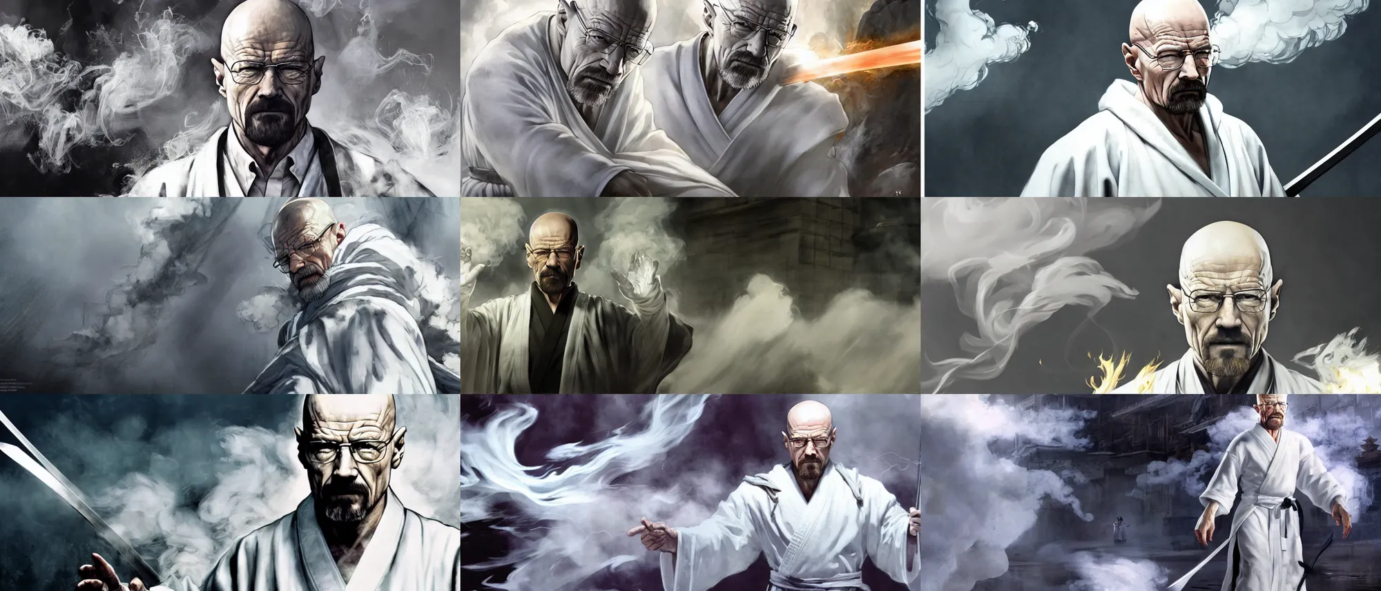 Prompt: Epic Concept art of grandmaster walter white in a one-piece white robe, bald head and white beard, surrounded by white smoke, smoky, full body wuxia, Wudang Swordmanship by Chen Uen, art by Yoji Shinkawa, 4k